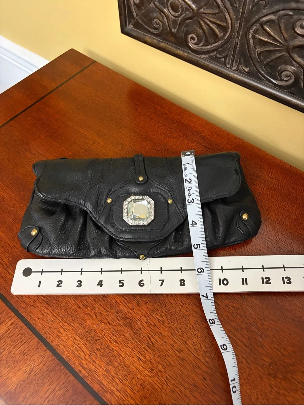 OHH! Ashley Black Leather Clutch with Crystal Accent